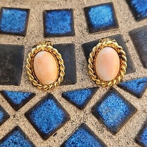 Goldtone Pink White Stone Clip Earrings